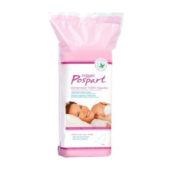 Indasec Postpart Compresas 100% Algodón Normal Alas 10uds